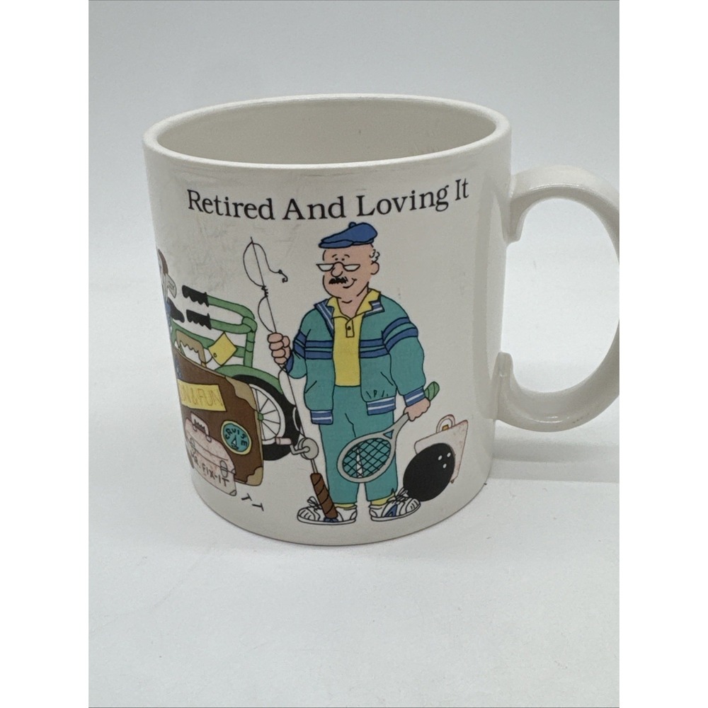 Retired and Loving It Coffee Mug Man Fish Golf Tennis Bowl Russ Berrie Vintage